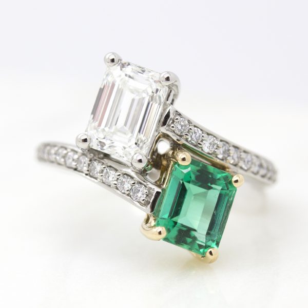 emerald cut emerald and diamond with bead set diamond band