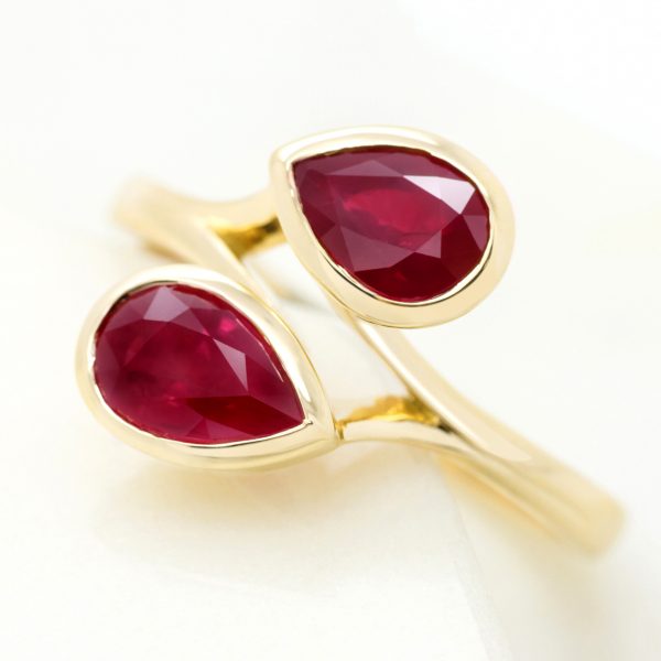 pear shape ruby moi et toi yellow gold engagement ring