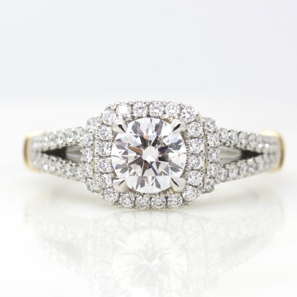 round diamond halo engagement ring with split shank