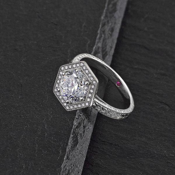 hexagon halo round diamond engagement ring