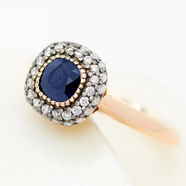 cushion cut blue sapphire rose gold engagement ring double diamond rhodium plated halo milgrain