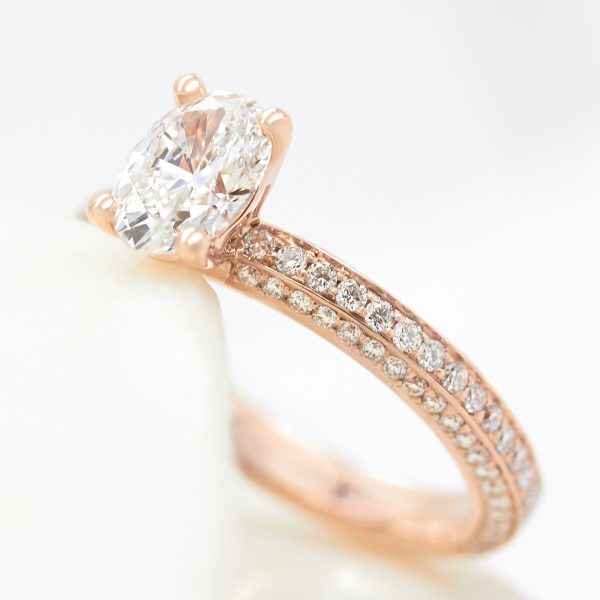 oval diamond rose gold three row diamond pave engagement ring