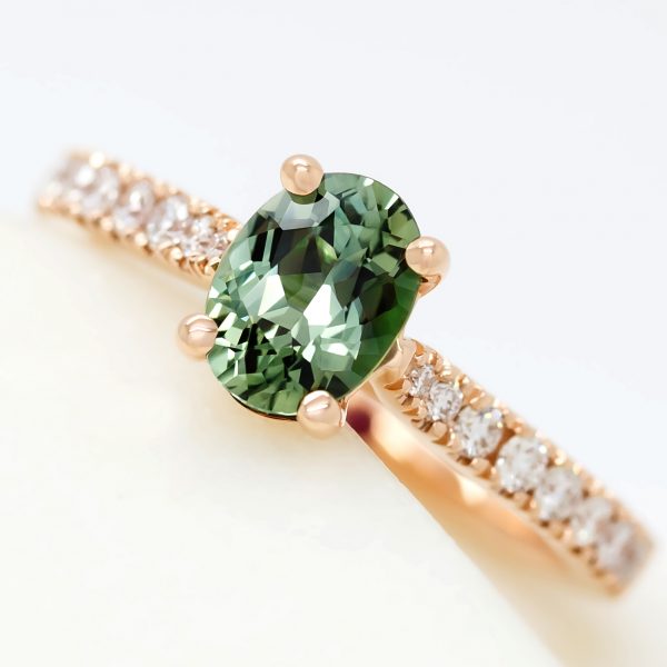 oval green sapphire diamond pave rose gold engagement ring