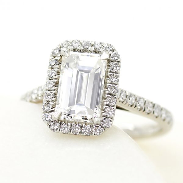 emerald cut diamond platinum halo engagement ring