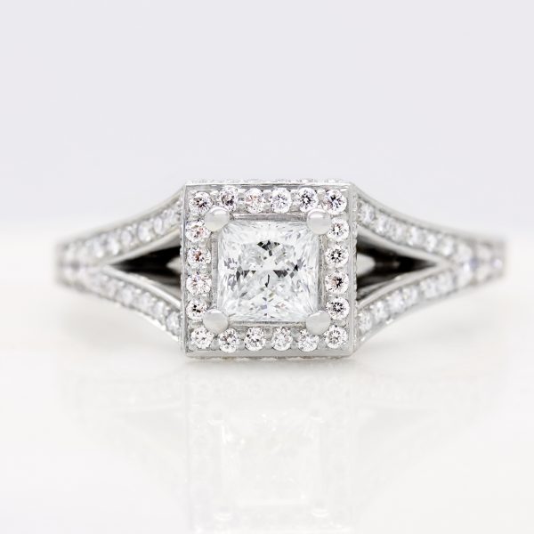 princess cut split shank diamond halo engagement ring