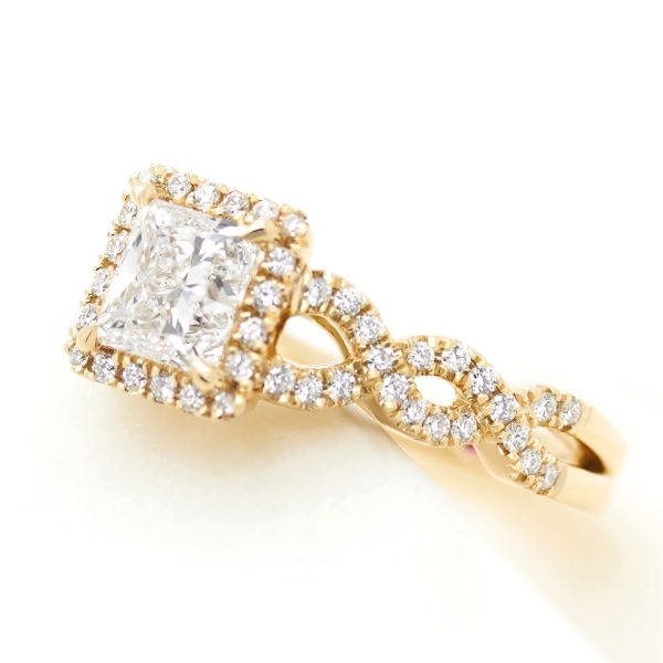 princess diamond halo engagement ring in yellow gold