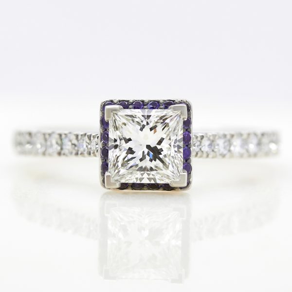 princess diamond with purple sapphire halo engagement ring