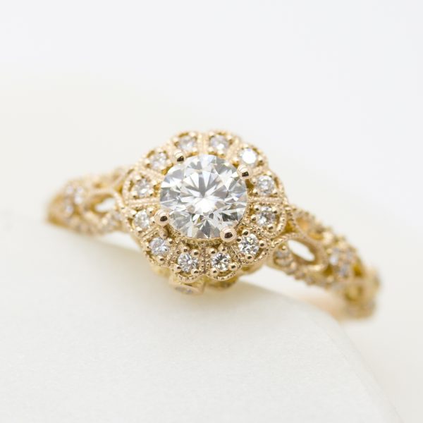 rose gold milgrain and filigree diamond halo engagement ring