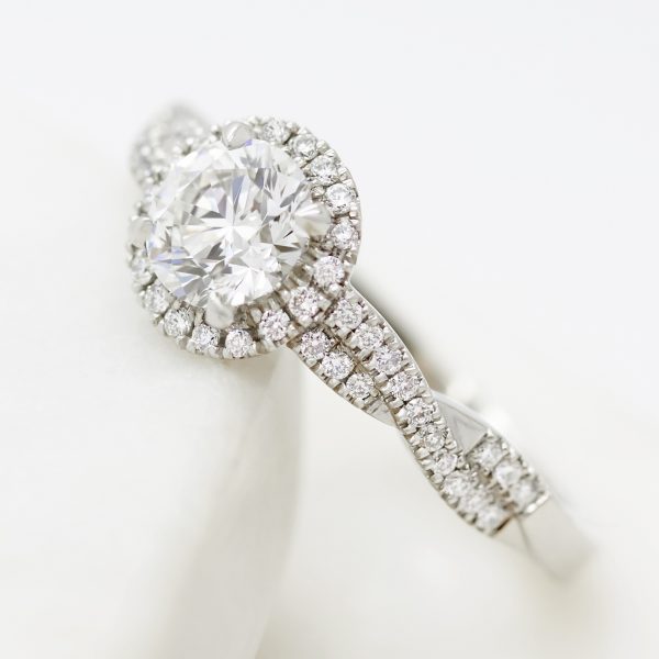 round diamond split twisted pave shank halo engagement ring